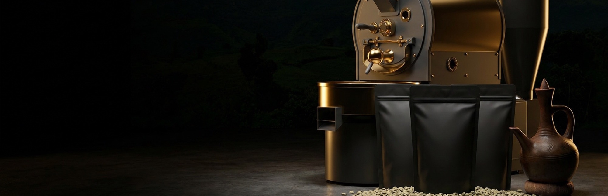 A gold drum roaster with unbranded coffee pouches and green coffee beans