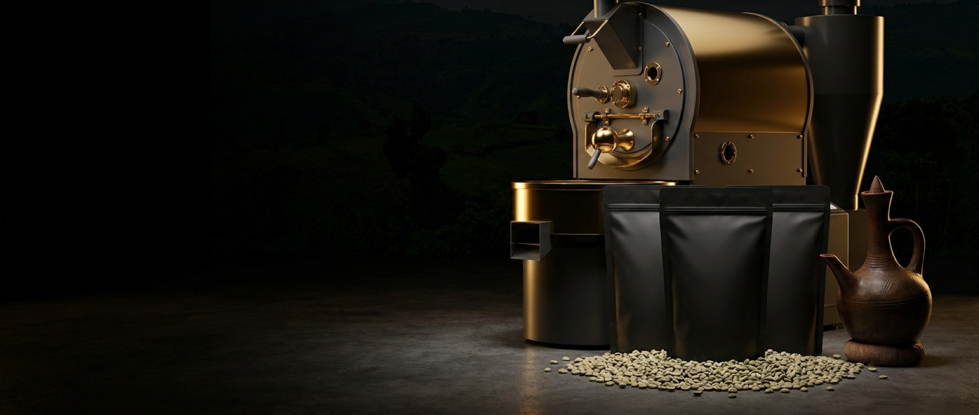 A gold drum roaster with unbranded coffee pouches, green coffee beans and a traditional jebena pot