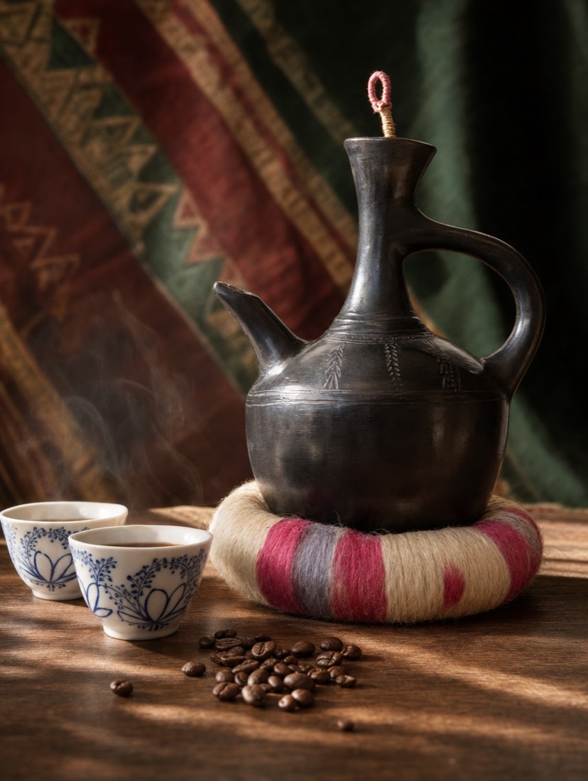 A traditional Ethiopian jebena and cups on a woven cloth beside roasted coffee beans