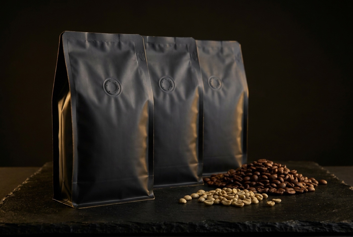 Three unbranded matte black coffee pouches beside roasted and green beans